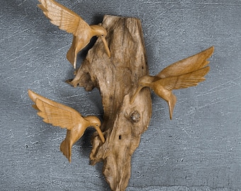 Handmade Hummingbird Wood Wall Decor, Natural Sculpture, Christmas Gift, 10 Inch