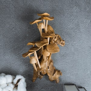 Handmade Wood Carving Mushroom Wall Art: Driftwood Hanging Sculpture 9.5&quot;