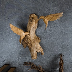 Hanging Hummingbird Decor 8&quot;, Wall Hanging Statue, Bird on a Tree, Wall Decor, Unique, Driftwood Statue, Vintage Decor, Wedding Gift
