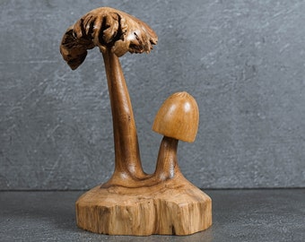 Handmade Wooden Mushroom Sculpture: Exotic Wood Carving Art 5.5"