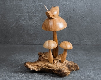 Snail and Mushroom Statue 8”, Mushroom Ornamen, Natural Piece,  Wood Carving, Apartment Decor, Shelf Decor, Healing Gift, Mothers Day Gifts