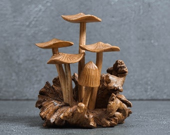 Mushroom Wood Figurine 4",  Mushroom Sculpture, Hand Carved Statue, Floral, Rustic Decor, Livingroom Decor, Gift for Him, Mothers Day Gifts