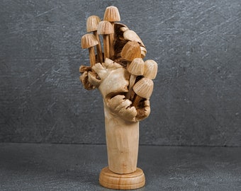 Hand Carved Wooden Mushroom Sculpture: Rustic Home Decor 7.8 Inch