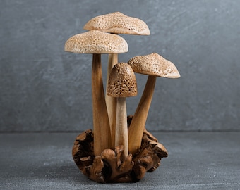 Handmade Mushroom Wood Carving: Rustic Table Decor 8.2"
