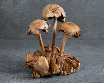 Handmade Wood Carved Mushroom Sculpture: Exotic Fungi Art, Home Decor 5"