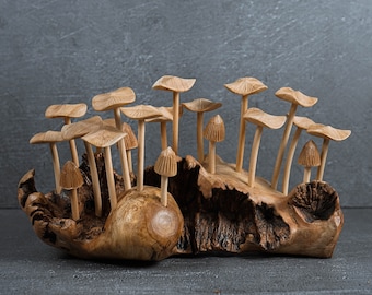 Handmade Wooden Mushroom Sculpture, Rustic Forest Tabletop Decor, 10.5 Long