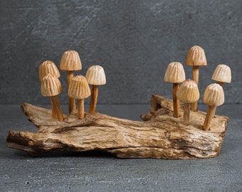 Mushroom Ornament 9" Width, Mushroom Figurine, Wooden Mushrooms, Natural Piece, Hand Carved, Table Decor, Anniversary Gift, Gift for Him