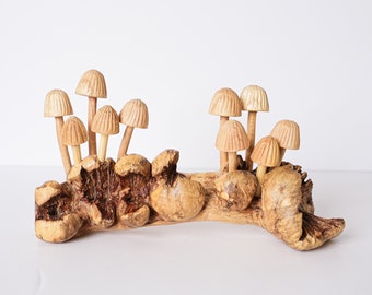 Hand carved wood mushroom with green cotton cord