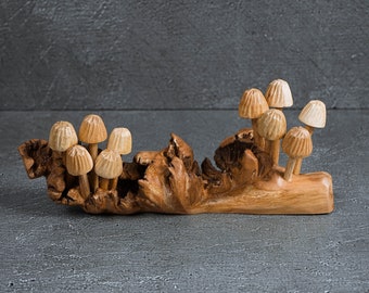 Wooden Mushroom Forest 9.8", Exotic Mushroom Figurine, Mushroom Ornament, Hand Carved Statue, Indoor Decor, Birthday Gift, Mother Day Gift