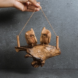 Handmade Hanging Wooden Owl Couple Figurine, 7&quot; width