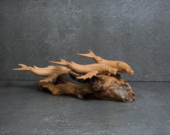 Wooden Whale Statue 11&quot; Width, Hand Carved, Sculpture, TropicalArt, Animal Figurine, House Decoration, Apartment Decor, Gift for home