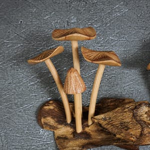 May include: A decorative sculpture featuring several carved wooden mushrooms with light brown stems and textured caps, attached to a piece of dark, rough-hewn natural wood. The mushrooms vary in height and cap shape, displaying detailed wood grain.