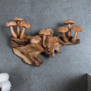 May include: A wall-mounted decorative piece featuring eight carved wooden mushrooms attached to a natural piece of driftwood. The mushrooms have light brown, textured caps and stems, arranged in clusters across the irregular, weathered wood base.