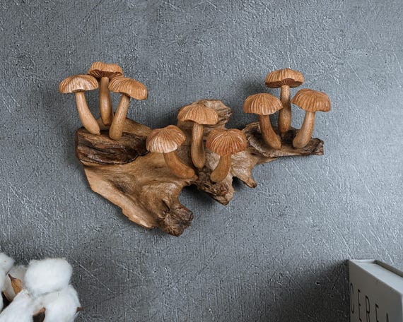 Hanging Wooden Mushroom Sculpture, Driftwood Wall Art, 9 Inch Long