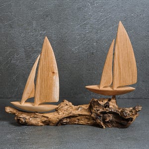 Wooden Sailing Ship, 12&quot; , Duo, Sail Boat Sculpture, Handmade Figurine, Unique Carving, Wave, Living Room Decor, Couple Gift, Parent Gift