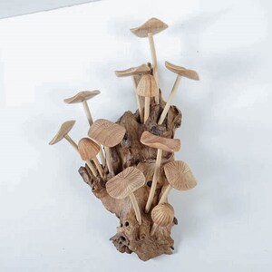 May include: A decorative sculpture featuring multiple carved wooden mushrooms of varying sizes attached to a piece of textured, gnarled driftwood. The mushrooms have smooth, light brown caps with visible radial lines and slender, cylindrical stems.