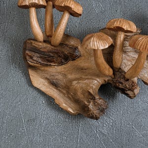 May include: A decorative wall piece featuring multiple carved wooden mushrooms attached to a natural piece of driftwood. The mushrooms have smooth, rounded caps and curved stems, showcasing the natural light brown wood grain and texture.