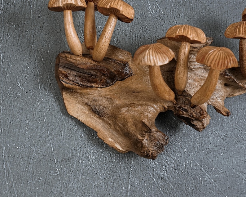 May include: A decorative wall piece featuring multiple carved wooden mushrooms attached to a natural piece of driftwood. The mushrooms have smooth, rounded caps and curved stems, showcasing the natural light brown wood grain and texture.