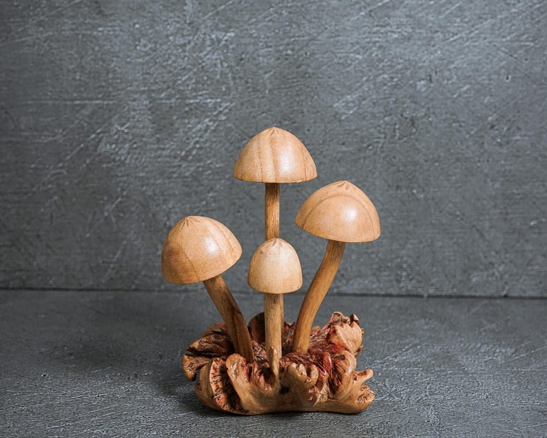Pu&ograve; includere: Una scultura decorativa composta da quattro funghi in legno marrone chiaro, lisci e di altezze variabili. I cappelli sono arrotondati e levigati, fissati su steli sottili che emergono da una base in legno nodosa e testurizzata dai toni rossastri.