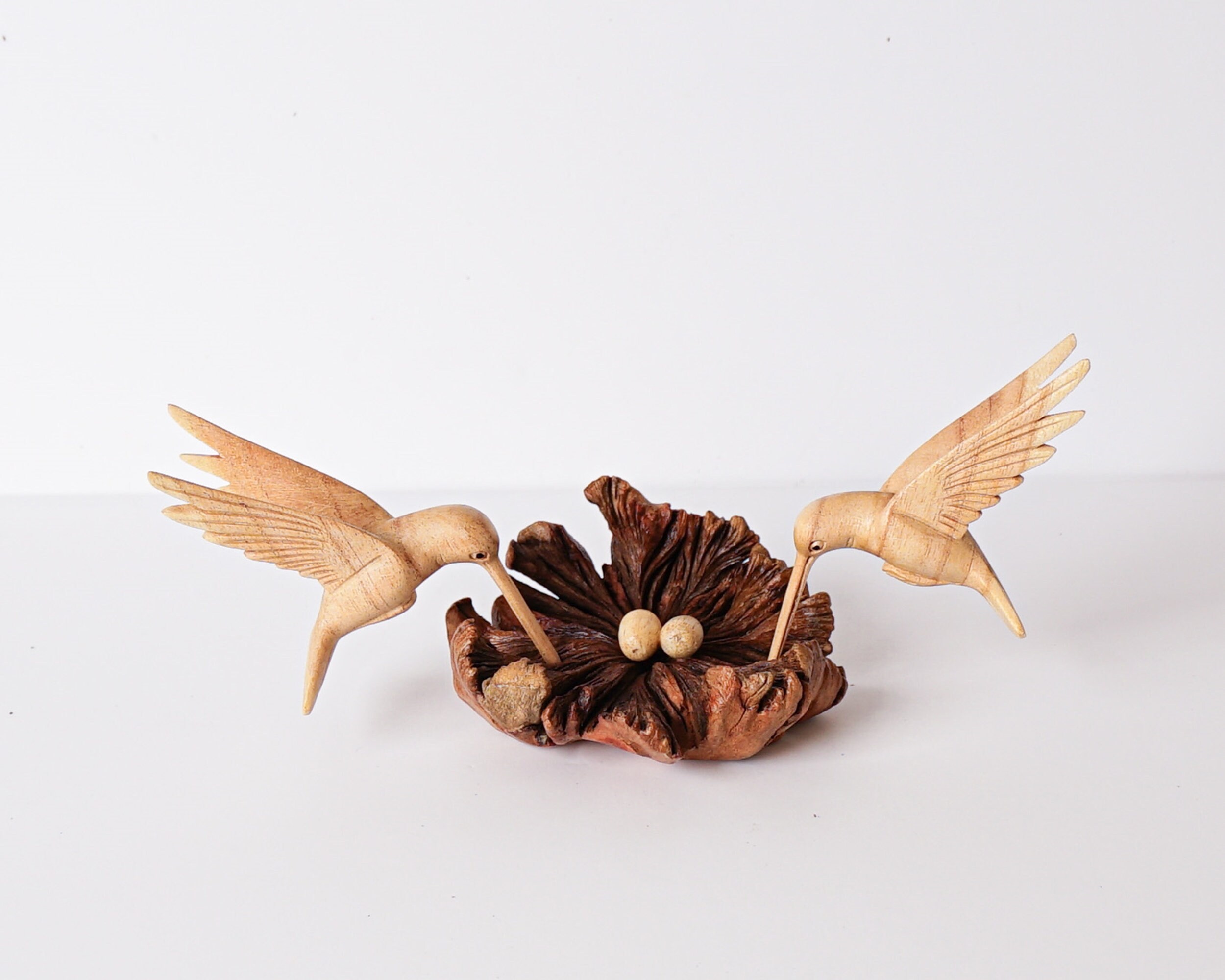 Couple Hummingbird Figurine, Bird Nest, Egg, Painted, Unique Sculpture