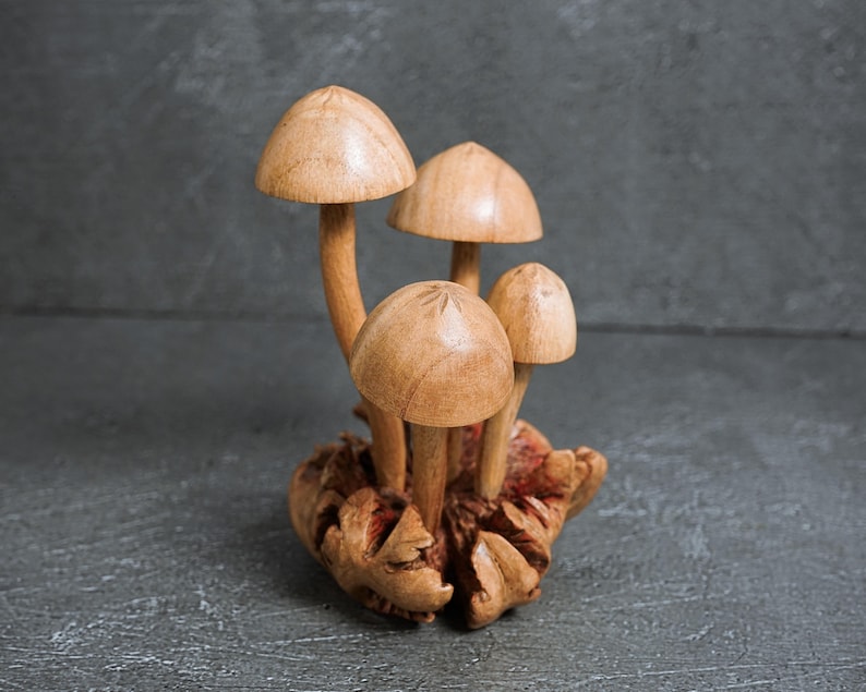 Pu&ograve; includere: Una scultura decorativa composta da quattro funghi in legno marrone chiaro, lisci e di altezze variabili, fissati su una base in legno nodoso e testurizzato. I cappelli sono arrotondati e levigati, mentre i gambi sono sottili e ancorati alla base.