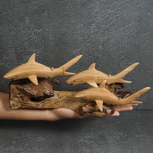 Hand Carved Wooden Shark Statue: Jempinis Wood Sculpture, 11 Inch width image 4