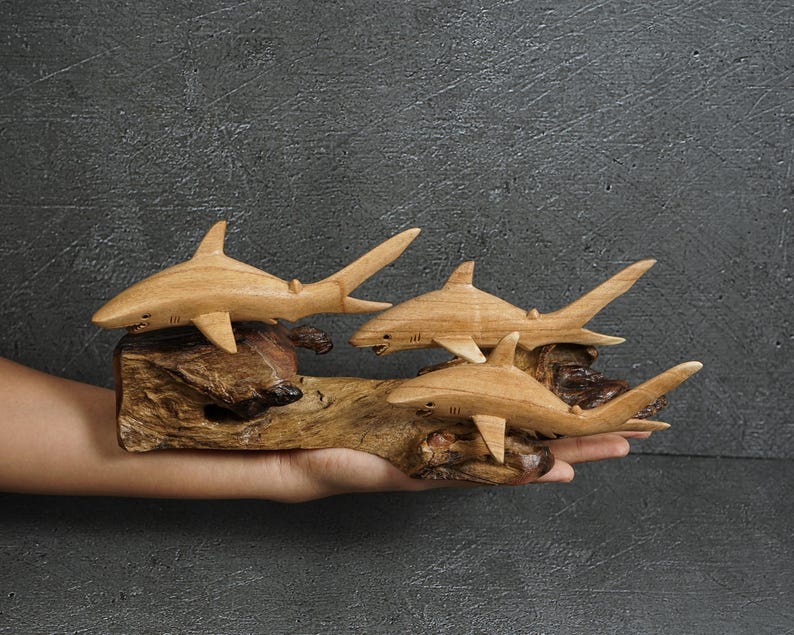 Hand Carved Wooden Shark Statue: Jempinis Wood Sculpture, 11 Inch width image 4