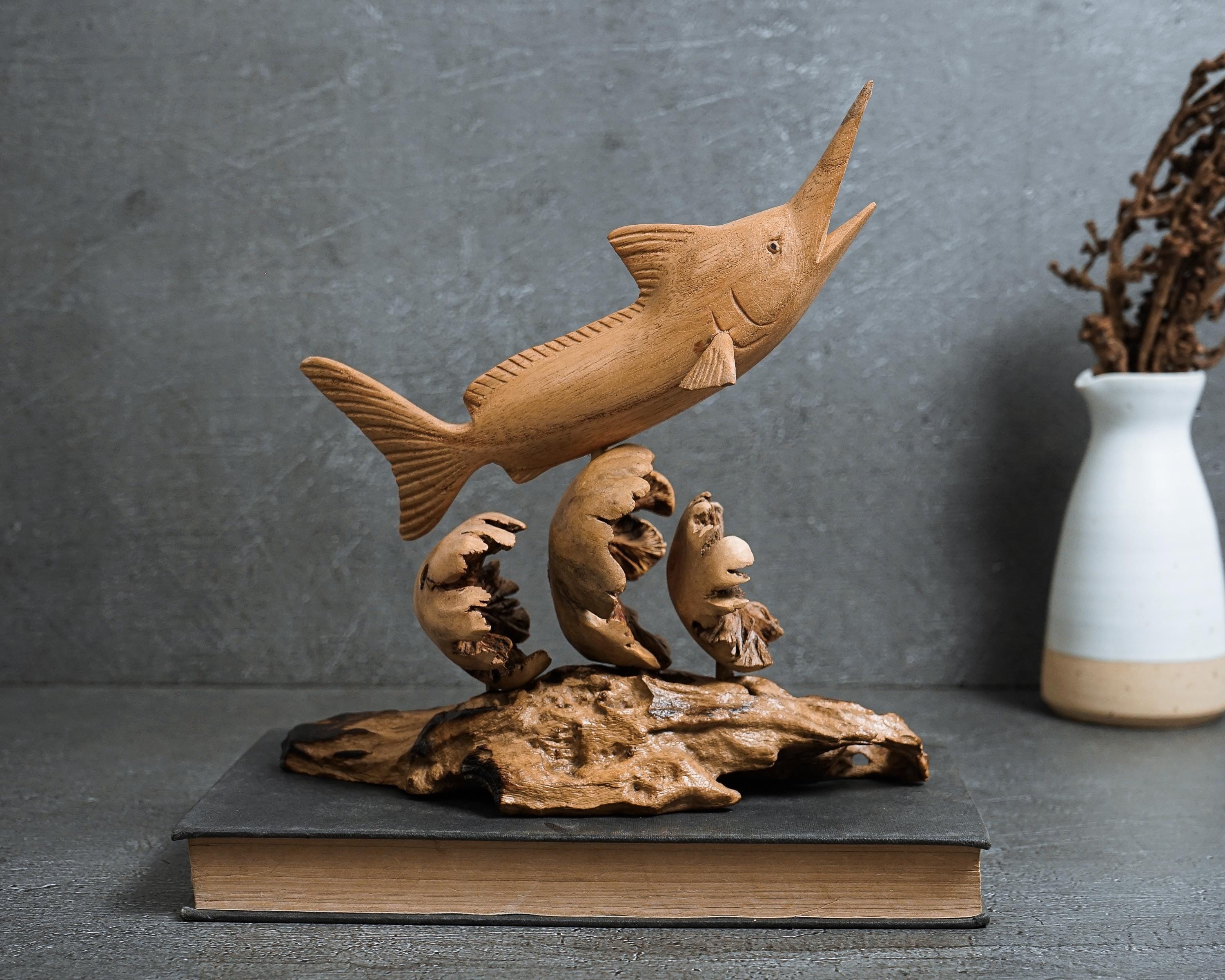 Handmade Wooden Marlin Jumping Over Waves, Natural Jempinis Wood