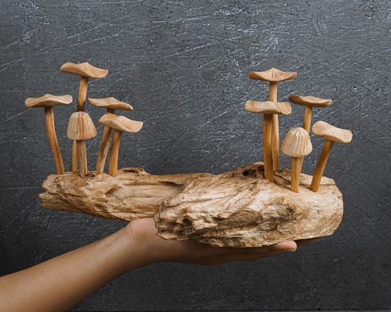 4 champignons sculptés en bois - La Boutique du Champignon