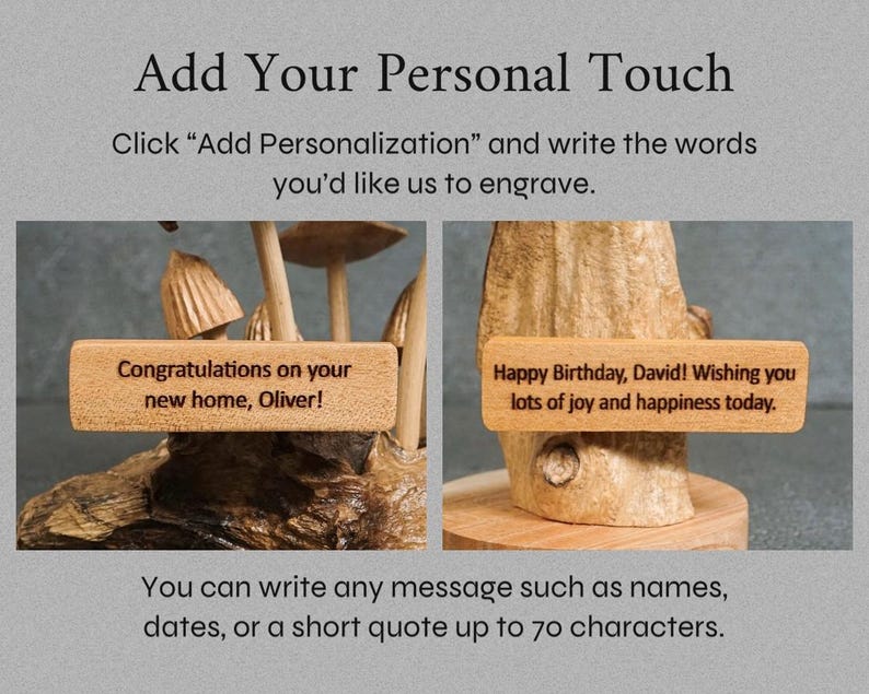 May include: Two rectangular light brown wooden plaques with dark engraved text. The left plaque reads: Congratulations on your new home, Oliver! The right plaque reads: Happy Birthday, David! Wishing you lots of joy and happiness today.
