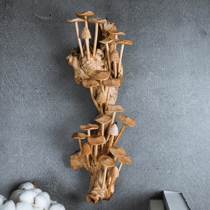 Grande scultura da parete a forma di fungo, 14 pollici, sospesa, in legno, galleggiante, fungo fatato, decorazione fatta a mano, decorazione tropicale, regalo per papà