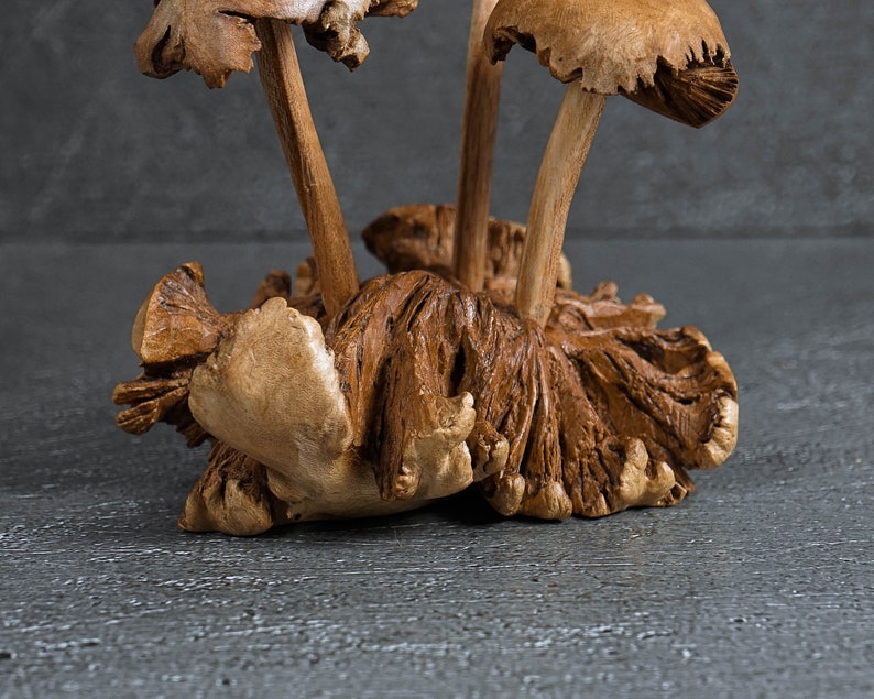 May include: A wooden sculpture of mushrooms with a detailed, textured surface. The sculpture features multiple mushrooms with brown caps and stems.