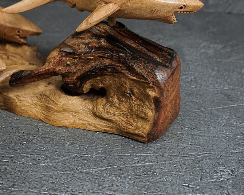 Hand Carved Wooden Shark Statue: Jempinis Wood Sculpture, 11 Inch width image 10