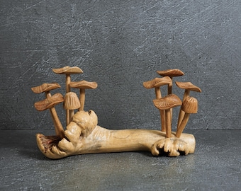 Wooden Mushroom Statue 9.5&quot; Width, Fairy Mushroom, Mushroom Figurine, Tabletop, Handicraft, Woodland Decor, Room Decor, Grandma Gift