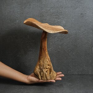 May include: A hand-carved wooden sculpture shaped like a mushroom with a wide, wavy cap and a thick, textured stalk. The wood displays natural light brown and tan grain patterns, with a smooth finish on the cap and a rugged, organic base.