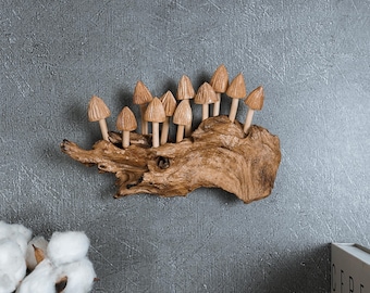 Arte mural de hongo de madera tallado a mano de 23 cm
