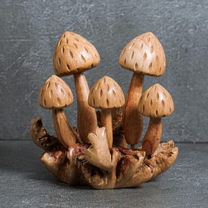 Unique Mushroom Figurine 6&quot;, Wooden Mushroom, Tabletop, Mushroom Miniature, Handmade, Natural, Wood Carving, Kitchen Decor, Gift for Her