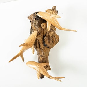 Wooden Shark Wall Art 11&quot;, Shark Sculpture, Hand Carved, Hanging Statue, Marine life, Hanging Shark Decor, Office Decor, Family Gift