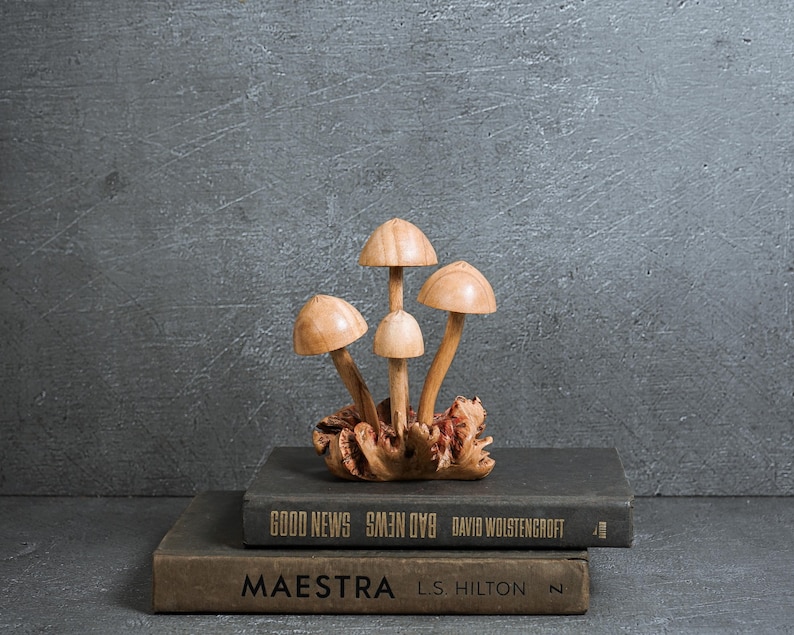 Pu&ograve; includere: Una scultura decorativa composta da tre funghi in legno marrone chiaro con cappelli lisci e arrotondati e steli sottili, fissati su una base in legno nodoso e testurizzato. La scultura &egrave; posizionata sopra due libri con copertina rigida grigio scuro.