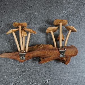 May include: A wall-mounted coat rack crafted from a natural piece of driftwood, featuring two silver-toned metal D-ring hangers. The top of the wood is adorned with several carved wooden mushroom sculptures with light brown caps and stems.