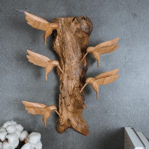 Wooden Hummingbird Wall Decor 15&quot;, Driftwood Art, Hanging Statue, Bird on a Tree, Natural Piece, Bird Sculpture, Hand Carved, Family Decor