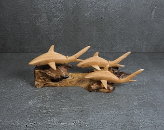 Hand Carved Wooden Shark Statue: Jempinis Wood Sculpture, 11" width