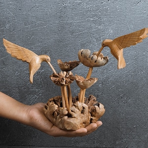 Figura de colibrí de 28 cm de ancho, pájaros en un árbol, arte floral, romance, escultura hecha a mano, estatua de colibrí, regalo de boda, regalo para mamá