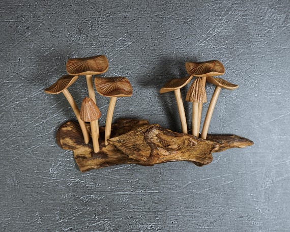 Wood Carving Mushroom Wall Decor, Hanging Fairy Figurine, 8 Inch