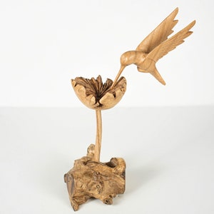 Hummingbird Feeding on a Flower 9.2&quot;, Handmade Bird Sculpture, Wood Carving Figure, Artwork, Colibri, Unique Tabletop Decor, Gift for Her