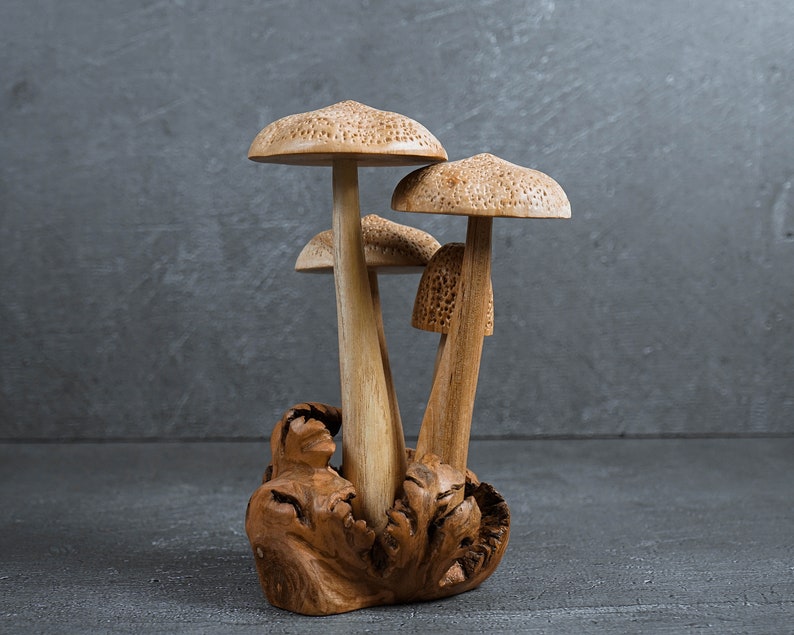 Wooden Mushroom Sculpture 8.2, Wood Carving, Rustic Figurine, Handmade, Garden Decor, Table Decor, Room Decor, Gift for Mom, Lucky Gifts image 4
