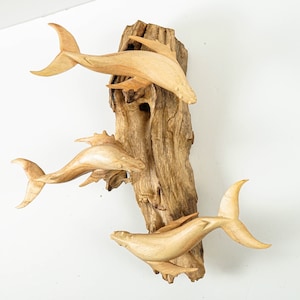 Arte de pared de ballena de madera de 9 pulgadas, tallado a mano, escultura, animal único, tallados de pared, decorativo, decoración colgante, decoración de habitación, regalo para madre