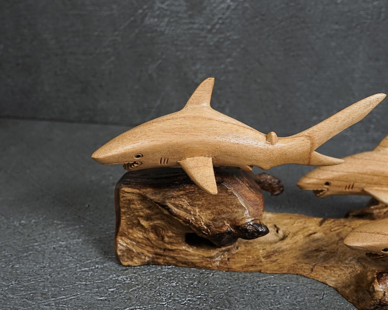 May include: A light brown wooden shark sculpture with a smooth finish, featuring visible gill slits and a detailed eye, mounted on a piece of natural, textured driftwood. The shark is positioned horizontally with its fins extended outward.