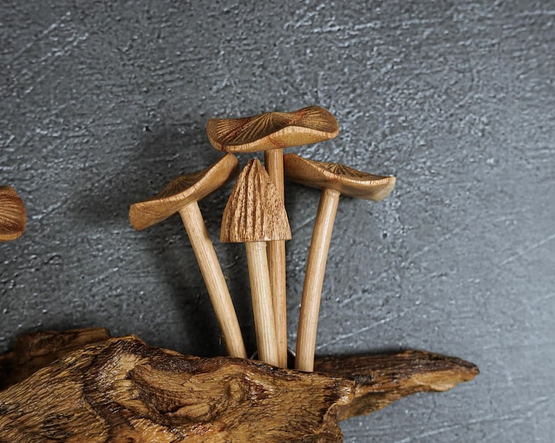 May include: A cluster of four carved wooden mushrooms with light brown stems and textured caps, attached to a piece of dark, weathered driftwood. The mushrooms vary in height and cap shape, with one central mushroom featuring a pointed, conical top.