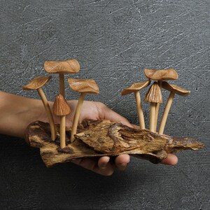 May include: A decorative sculpture featuring seven carved wooden mushrooms of varying heights and cap sizes, attached to a piece of textured, dark brown natural driftwood. The mushrooms have light tan stems and medium brown, detailed caps.